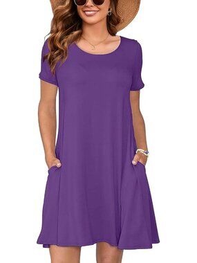 Women's Purple Dresses Summer Short Sleeve Crewneck Swing Dress Casual T-Shirt